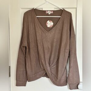 NWT Pink Republic super soft mocha brown twist front long-sleeve top - XL
